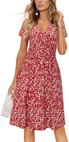 CLOUSPO Femme Robe d’été à Manche Courte avec Poche en Col V Mi-Longue Plissé Chic Élégant Imprimé Décontracté de Plage Rouge/Fleur L