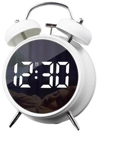 Petit réveil numérique - 11,4 cm - Double cloche électronique LED - À brancher ou à piles - En métal silencieux - Pour les dormeurs lourds, adultes et enfants (blanc)