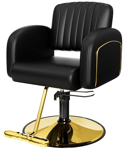 Baasha Professional Black & Gold Salon Chair, Luxury Hydraulic Styling Chair with Soft PU Leather, High-Density Foam Cushion, 360° Swivel, Stainless Steel Frame, Ergonomic Design, 330 lbs Capacity