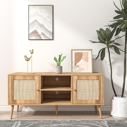 CONCEPT USINE | Buffet Style Scandinave 120 cm | Design CANGE | Portes Effet Cannage | 2 Niches Centrales Pratiques | Rangement Spacieux | 5 Pieds Bois | Meuble de Salon ou Salle à Manger