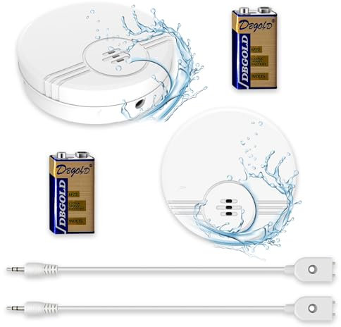 LOMUG Wassermelder Wasseralarm 2 Pack, 135dB Wasserwarner, Wasser Sensor Alarm Wasserwarner Flut Detektor für Keller, Badezimmer, Waschküche, Küchen, Garagen und Dachböden(6F22/9V Batterien Enthalten)