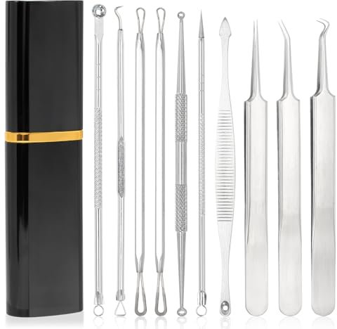 Komedonenquetscher Set, 10 Stücke Pickel Ausdrücken Werkzeug, Mitesserentferner, Milien Entferner Mit Aufbewahrungsbox Mitesser Entferner für Nasen, Gesichtspflege (Silbrig)