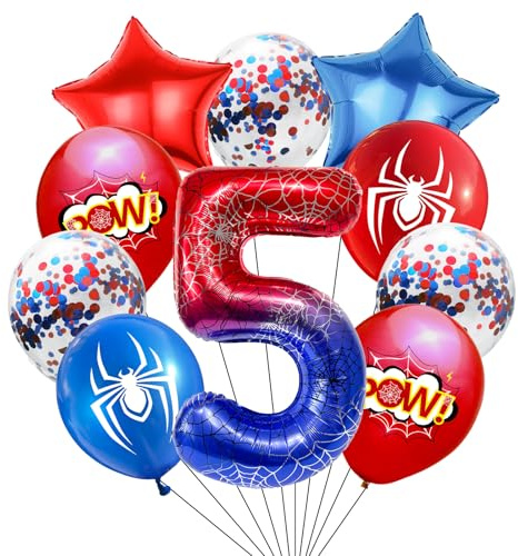 KOBOKO Spindel, födelsedagsdekoration 5 år, pojke, spindlar ballonger födelsedag 5 år pojke, spindelballong 5 födelsedag pojkar, spindeldekoration ballong 5. Födelsedagar, superhjältar dekoration barn
