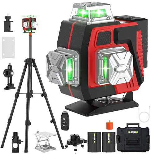 Laser Level Self Leveling 4 x 360°, 4D 16 Lines Green Laser Level with 2 x 2400mAh Batteries, Adjustable Tripod, Swivel Base, Remote Control and Wall Bracket, IP54 Waterproof and Dustproof (Black)