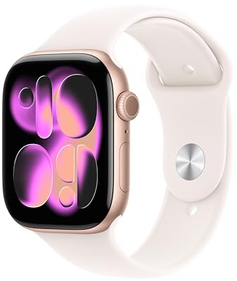 Apple Watch Series 11 GPS 46 mm med boett i Aluminium roséguld, och Sportband i rosé M/L. Sömnpoäng, träningsmätare, hälsoövervakning, skärm som alltid är på, vattentålig