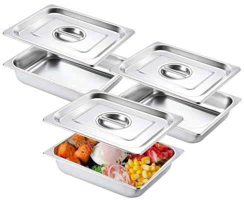 Lot de 3 bols à paner avec couvercle, durables en acier inoxydable, GN 1/2, empilables, pour escalopes, côtelettes de poisson, côtelettes de poulet, panures (32,5 x 26,5 x 6,5 cm)