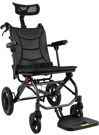 Silla de ruedas plegable con respaldo ajustable y reposacabezas, silla de ruedas de aluminio ligera para personas mayores, portátil, respirable, soporta hasta 130 kg, plegable, ergonómica, cómoda y