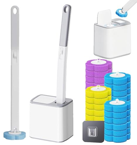Spazzola per WC Monouso con 24 Testine Detergenti, Scopino/Spazzolino per Water con Supporto per Lavabo e Vasca da Bagno, Set Completo con Ricariche in Spugna per Pulizia Igienica (Grigio)