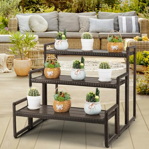 Outdoor Plant Stand 3 Tier Shelf for Patio Flower Pot Planter Stand Holder with Wicker Poly Lumber Shelves Multiple Tall Tiered Plant Display Rack with Adjustable Feet Heavy Duty Stackable Brown