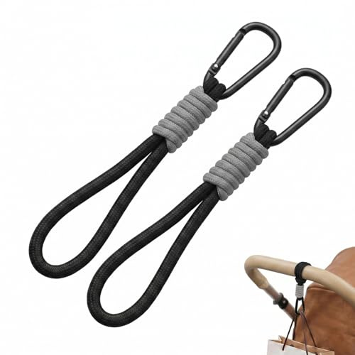 2 Crochets pour Poussette avec Mousquetons en Alliage, Cordes en filet pour Poussette Universelle, Attache Sac à Langer, pour Courses et Sacs, Facile à Installer, Couleur Noir