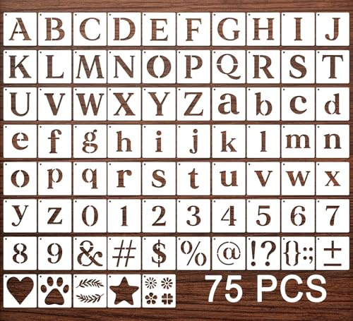 MWOOT Plantillas de Letras y Números, 75 plantillas reutilizables alfabeto Diario, plantilla dibujo plástico para álbumes recortes, diario, decoración del hogar, manualidades arte DIY, 7.62 x 7.62cm
