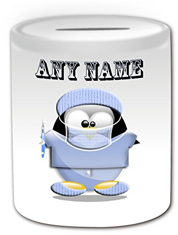 UNIGIFT Personalised Gift - Surgeon with Scalpel Money Box (Penguin in Costume Design Theme, White) - Any Name/Message on Your Unique - Saving Piggy Bank - Doctor Scrubs Uniform