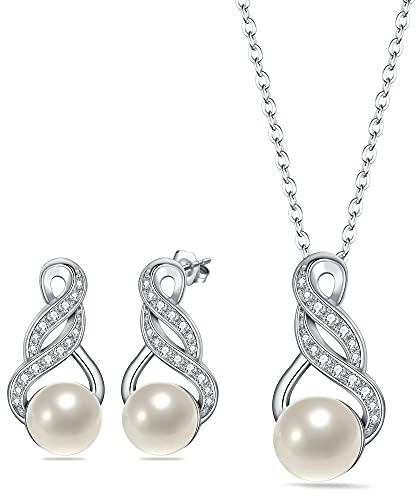 Clearine Señoras de plata de ley 925 boda novia novia CZ Cream perla cultivada infinito hoja vid colgante collar gancho pendientes joyas conjunto claro, 40 cm, Plata de ley, circonita cúbica, perla