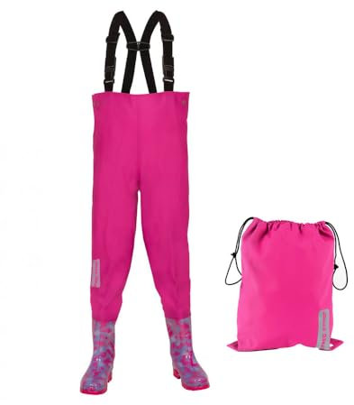 Dönges Kinder-Wathose, wasserdichte Regenhose für Jungs und Mädchen, ungefüttert mit Watstiefeln und Verstellbaren Hosenträgern, Größe 32/33 Rosa, Outdoor Buddelhose für Regen, Matschhose