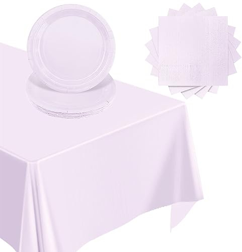 Juego de vajilla de fiesta de 37 piezas, color morado pastel, juego de vajilla de papel morado pálido incluye 16 platos de papel, 20 servilletas, 1 mantel de plástico para cumpleaños, baby shower,