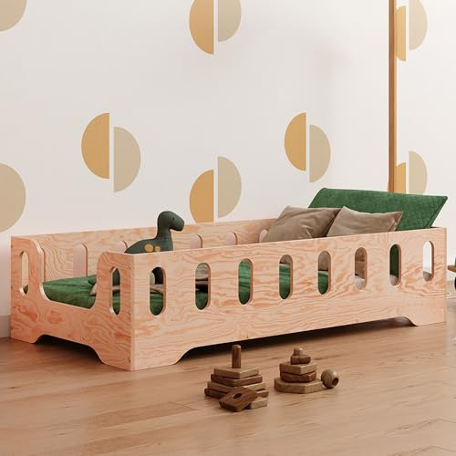 smartwood Golvsäng 60x120 - Montessori Barnsäng i trä med FSC-certifikat - TILA 2B med fallskydd och ribbotten, belastningsbar upp till 230 kg - Enkel montering