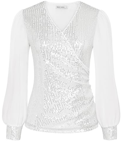 GRACE KARIN Camicetta con Paillettes da Donna in Chiffon a Maniche Lunghe Camicetta Avvolgente con Scollo a V Glitter Top da Festa Top da Cocktail Festivi