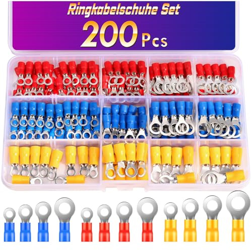 200 Stücke Ringkabelschuhe, ANVINKU 0,5-6,0mm² Kabelschuhe, Ringkabelschuhe Set M4/M5/M6/M8, Teilisoliert Quetschverbinder, Ringösen Kabelschuhe für Garagen, Autoteile
