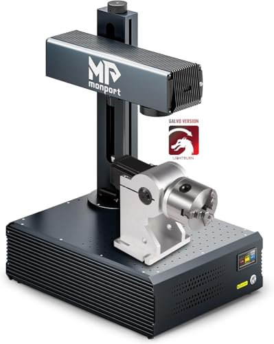 Monport GA 50W Grabador Láser de Fibra Integrado con Rotativo y LightBurn, Máquina Grabado y Corte Láser con Autofocus, Grabadora Laser Portátil, Cortador Láser de Fibra para Madera Metal Acrílico