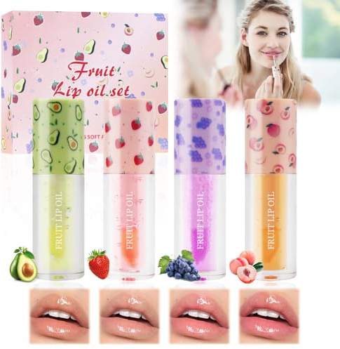 Horuili® 4 Piezas Brillo de Labios con Sabor a Frutas, Lip Gloss Transparente, Sabor a fruta brillo labial, Aceite Líquido para Labios Hidratación Duradera Brillo Transparente