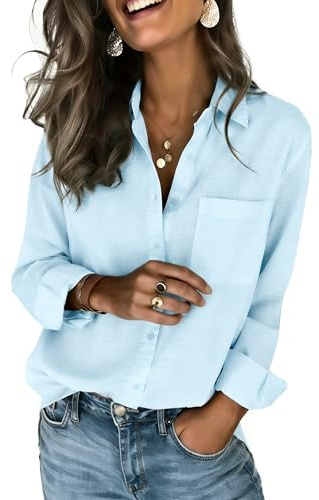 Zeagoo Linen Shirts for Women Summer Lightweight Button Down Blouse Long Sleeve Cotton Tops Light Blue