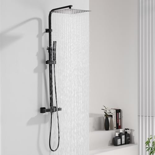 HOMELODY Duschsystem mit Thermostat Schwarz und 30x30CM Kopfbrause Edelstahl Regendusche mit Armatur Eckig Duschset Messing