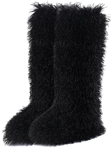Faux Fur Tall Furry Boots for Womens,Long Winter Boots for Girls,Mongolian Fluffy Boots for Kids Fuzzy Knee-High Boots(LongMongolianBlack,8)