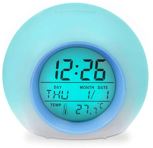CECOMBINE Kids Alarm Clock, Digital Clocks with 7 Change Color Night Lights, Bedside Sleep Trainer Clocks with Snooze Temperature Calendar Music, Travel Alarm Clock for Boys Girls