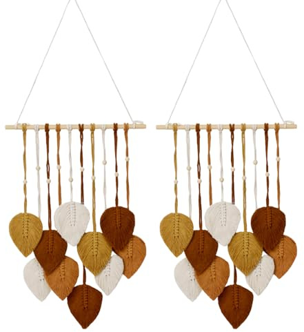 Decorazione Murale, 2PCS Arazzo Fatto A Mano Decorazione Boho Murale Intrecciata Decorazione Murale Con Piume Di Foglie Con Perline Di Legno E Arazzo Con 10 Foglie Per Soggiorno Camera Da Letto