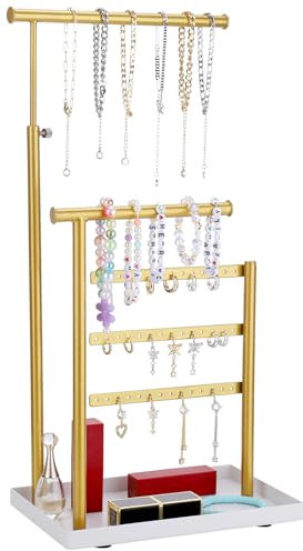 Huiguli Espositore Portagioie Donna, Espositore per Gioielli a 3 Livelli, 30cm Regolabile Organizer Gioielli in Metallo per Braccialetti, Orecchini, Borchie (Oro)