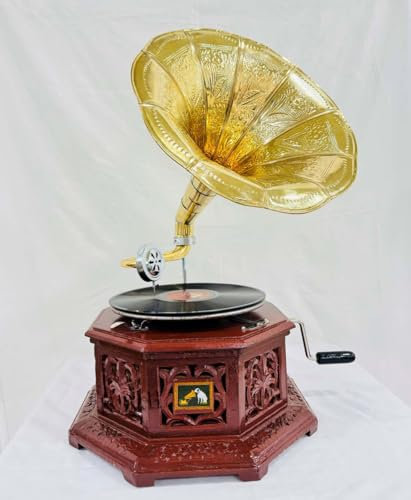 Réplica de gramófono de aspecto antiguo, base de madera con tallas florales, altavoz de cuerno dorado (8 conos marrones, 32 x 37 x 75 cm)