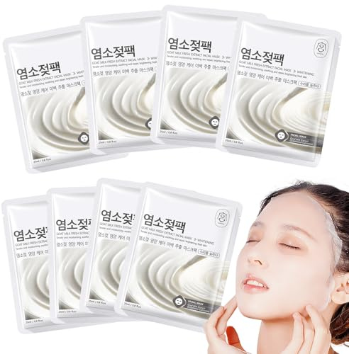 Pack of 8 Sheet Mask, Korean Mask, Goat Milk Mask, Natural Moisturising Lotion, Rice Essence Face Mask, Hydrating, Even Skin Tone, Korean Skin Care Cloth Mask