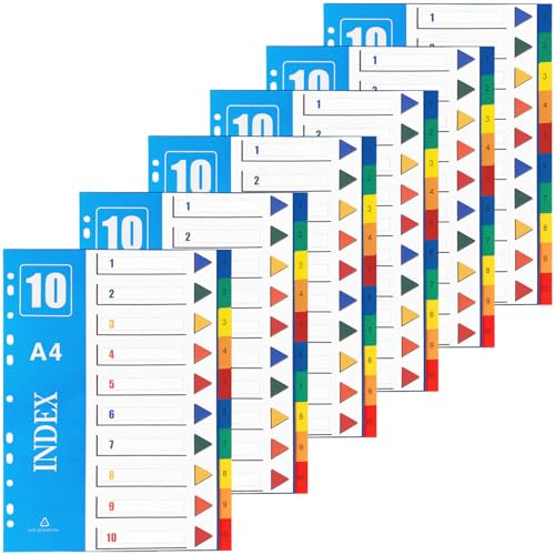 6 Pack File Dividers A4, 1-10 Part Dividers Coloured Plastic A4 Dividers | Index Folder Subject Dividers for Ring Binders & Lever Arch Files with Writable Coloured Tabs for School Office Organization
