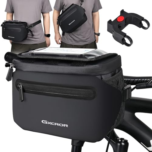 GXCROR Borsa per manubrio da bicicletta 4,7L con rilascio rapido | Supporto stabile per città e trekking | Impermeabile + scomparto per cellulare + portabottiglie