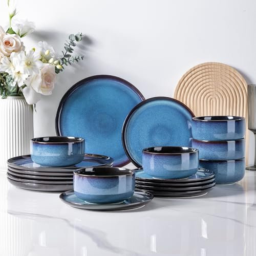 LeRatio Dinner Set for 8, 24 Piece Stoneware Plates and Bowls Set, Chip & Scratch Resistant Reactive Glazed Dinnerware Set, Dishwasher & Microwave Safe Crockery Set, Space Blue