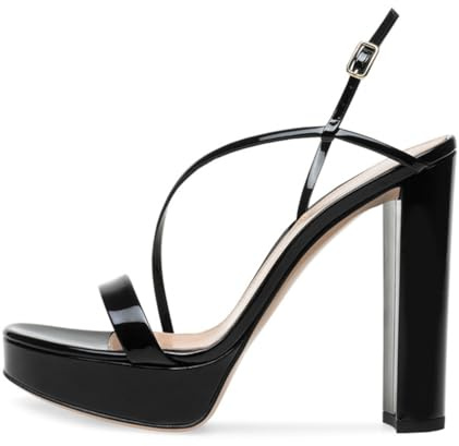 Elegant Strappy Platform Heeled Sandals for Womens, Chunky High Heel Buckle Open Toe Fashion Sandles Comfortable Summer Dress Shoes for Parties Dates Work Weddings,Black,2.5 UK