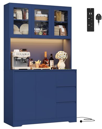 FirFurd Küchenschrank Buffetschrank mit LED Sideboard für Küche mit Steckdosenleiste Küchenschrank mit Arbeitsplatte und 3 Schubladen Küchenbuffet mit verstellbares Regal Blau 180x100x38.5 cm