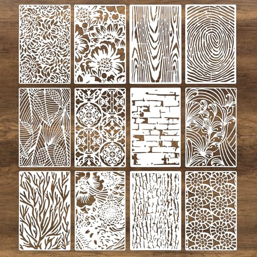 Juego de 12 plantillas de texturas florales, plantillas abstractas para pintar, plantillas reutilizables para pintar de PET con flores, ladrillos, árboles e insectos, para bricolaje, muebles, madera
