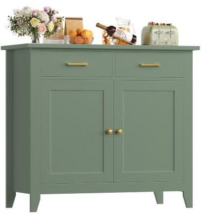 HOCSOK Credenza Buffet, Mobile da Cucina con 2 Armadi e 2 Cassetti, Armadio | Stile Farmhouse, Credenza Cucina per Soggiorno Sala da Pranzo, Ingresso, 82x40x91cm, Bianco/Nero/Verde/Blu
