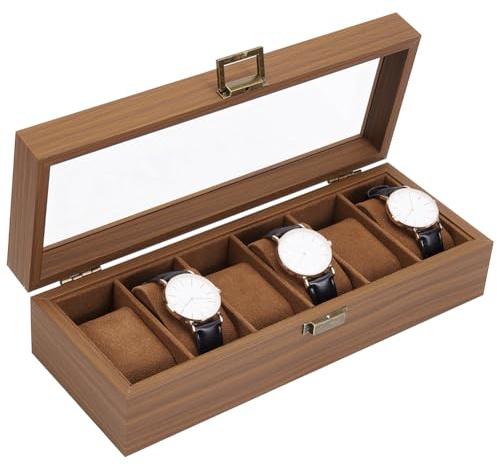 PH PandaHall Caja de madera para relojes de 6 ranuras, caja de almacenamiento de relojes, organizador de relojes, caja de colección de relojes con tapa transparente para hombres y mujeres, día del