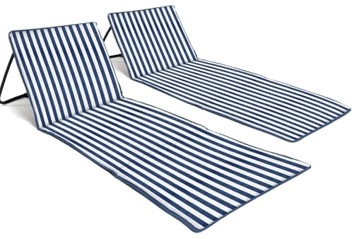 just be... Vikbar strandmatta med justerbart ryggstöd (2-pack) – lätt bärbar solstol med dragkedja ficka och axelrem | blå ränder