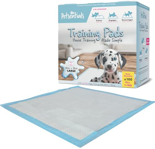 Petsentials Puppy Training Pads 105 Pack – Super Absorbent 5-Layer Disposable Dog Pee Pads, Leakproof Quick Dry Toilet Training Mats with Odour Locking Technology | 58 x 58 cm