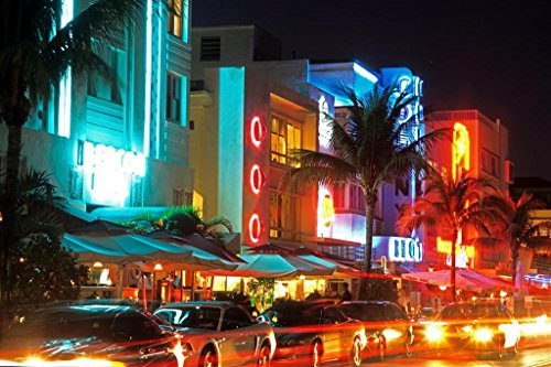 Ocean Drive Miami Florida Illuminated at Night City Landscape Photo Photograph Cool Wall Art Print Poster 36x24