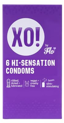 XO! Hi-Sensation Condoms, Natural Feel Ribbed and Dotted Latex Condoms, Smooth & Unscented, Eco-friendly & Extra-Safe - Pack of 6