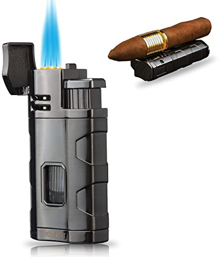 PROMISE Torch Lighter Triple Jet Flame Refillable Butane Cigar Lighter Windproof with Cigar Punch - Butane Not Included (Gunmetal-E)