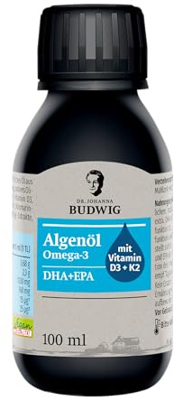 Dr. Budwig Premium Omega 3 Algenöl Vegan Pur (100ml) - hochdosiert - 2300mg natürliches DHA, DPA & EPA - Vitamin D3 und K2 - flüssig - laborgeprüft - Alternative zu Fischöl