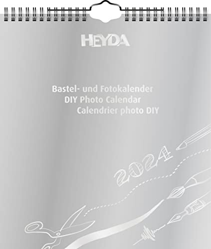 Heyda Hantverkskalender 2024, 1 ark = 1 månad, 21,5 x 24 cm, omslagsblad: silver, månadsblad: svart