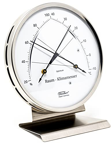Fischer 146.01-01 - Raum-Klimamesser - 130mm Synthetic-Hygrometer und Thermometer mit Sockel, Edelstahl, Made in Germany