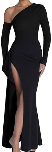 Memoriesea Women's One Shoulder Long Sleeve Sexy High Slit Wedding Guest Party Maxi Dress Black