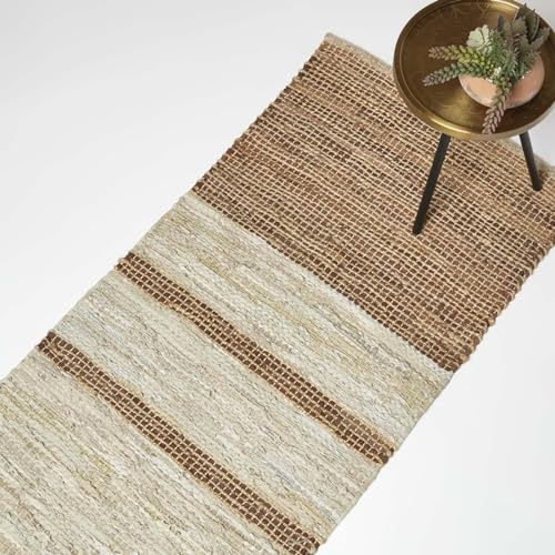 HOMESCAPES Brown Genuine Leather Runner Rug Handwoven Stripe Design Recycled Eco Friendly Real Leather Rug for Hallways, 66 x 200 cm